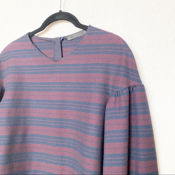Zara Maroon Navy Stripe Bubble Sleeve Top Size Large - Picture 2 of 9